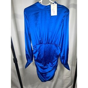 In The Style Satin Ruched Mini Dress Royal Blue Long Sleeve Cocktail Party 10